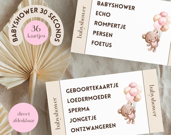 Juego de 30 segundos para baby shower de niña • Tema: Osito de peluche, beige, rosa • ¡36 tarjetas! • Holandés (NL) • Imprimible al instante