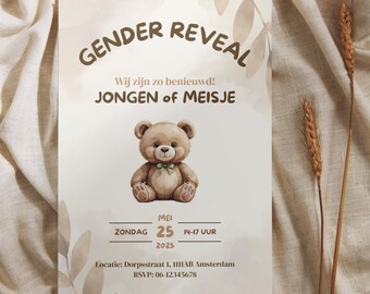 Invitación editable para revelar el género de un niño o niña en beige con temática de osito de peluche | Plantilla editable en Canva