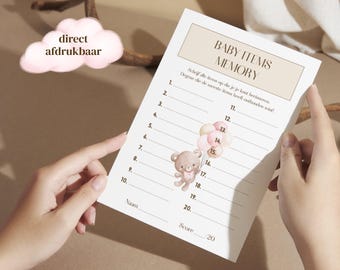 Juego de memoria para baby shower | Actividad para baby shower de niña | Tema rosa/beige con osito de peluche | Imprimible al instante | Neerlandés