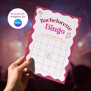 Bachelorette bingo card pink | Editable Canva template | Fun Hen Party & Pub Crawl drinking game | Dutch / English