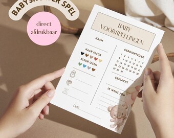 Juego de baby shower beige/rosa con osito de peluche | Juego de predicciones para baby shower | Tarjeta de predicciones para bebés | Neerlandés