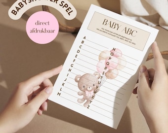 Juego de nombres para baby shower de niña | Tema de ositos de peluche | Beige/rosa | Abecedario de nombres para baby shower | ABC para baby shower | Holandés - Nederlands (NL)