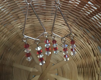 Swarovski Crystal Ruby and clear dangle earrings, fish hook, triangular