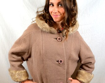 Vintage 1950s 60s Wool and Fur Trimmed Winter Holiday Coat Jacket