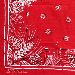 Könnte beinhalten: Rotes Bandana mit weißem Rand und einem sich wiederholenden Muster aus Tannenzapfen, Kompassen und Hütten. Die Ecken zeigen detaillierte Illustrationen von Kiefernzweigen und zusätzlichen Hüttendesigns. Der Text "WPL 7458 100% Cotton Fast Color" ist unten aufgedruckt.