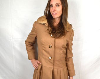 Vintage 1960s 60s Wool Fur Collar Pleated Fitte Winter Coat - Fred Ungar