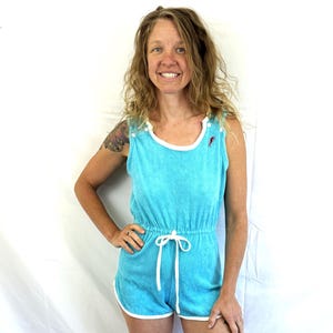 Vintage Terry Cloth 1980s 80s Blue Summer Onesie Summer Romper - Raymond Halpern Loungewear