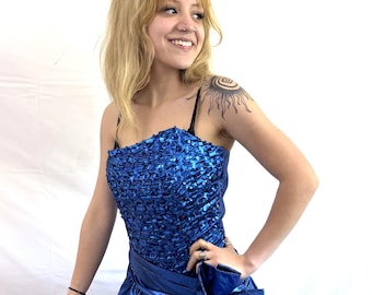 Vintage 80s 1980s Blue Strapless Iridescent Metallic Formal Prom Sweetheart Sequin Party Dress - Zum Zum