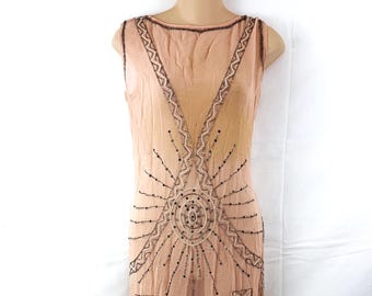 Vestido estilo Gatsby antiguo de los años 20, raro, de seda, con cuentas y diamantes de imitación, pieza histórica.
