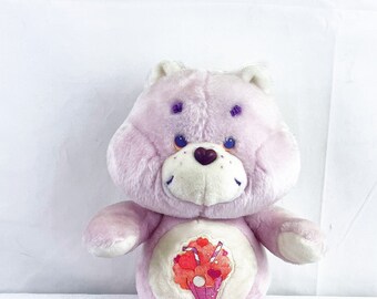 RARE Vintage Plush 1980s 80s Milkshake Care Bear Share Bear Stuffed Animal - Kenner ShareBear Mauve Plush 13"