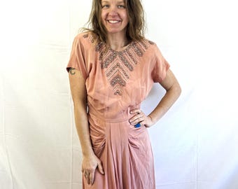 Wunderschönes Vintage 40er Jahre 1940er Jahre Art Deco Perlen Viskose Kleid Kleid