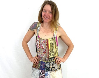 Vintage 90s 1990s Hippie Patchwork Overalls - Sacred Threads