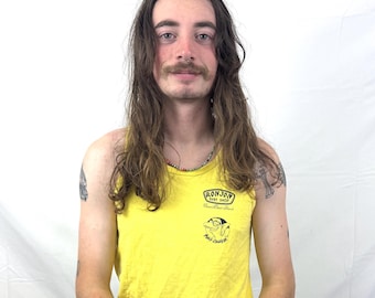 Maglietta canotta da surf cruiser gialla vintage anni '80, 1986, Ron Jon Surf Shop - Cocoa Beach, Florida