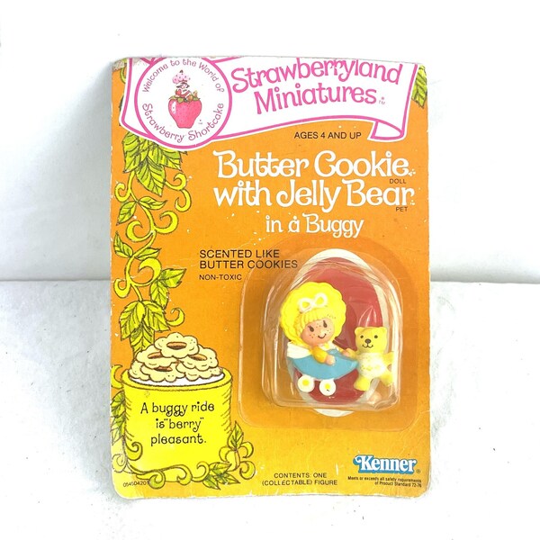 vintage années 1980 Strawberry Shortcake Strawberryland Miniatures 1982 NIB Kenner - Biscuit au beurre avec Jelly Bear dans un buggy