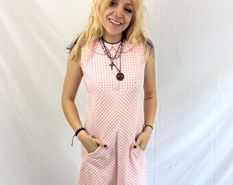 Vintage 1960s 60s Pink Linen Peter Pan Collar Mini Mod Shift Dress - Country Set