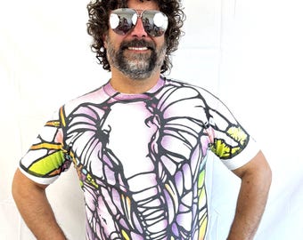 Camiseta vintage de 1993 con estampado integral de elefante azul líquido con vitrales