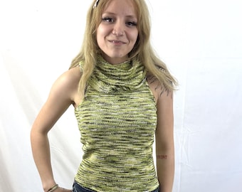 Vintage 90s Y2K Fitted Green Knit Top Striped Sweater Turtleneck
