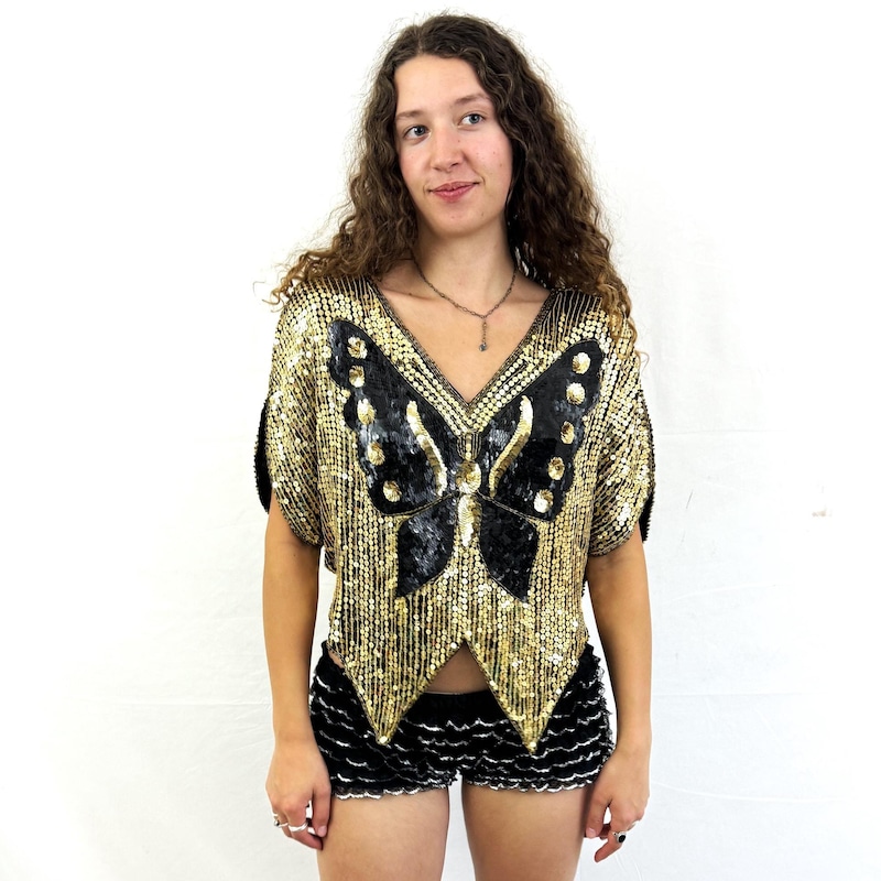 80's India Silk Sequin Deco Butterfly Blouse Top
