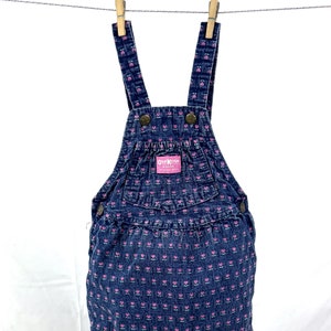 Vintage KIDS SIZE Rare Oshkosh B&#39;Gosh Vestbak Denim Pink Flower Print Overalls Skirt Dress - USA Made Size 4