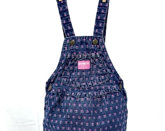 Vintage Oshkosh B&#39;Gosh Denim Overalls Skirt: Pink Flower Print, Kids Size 4