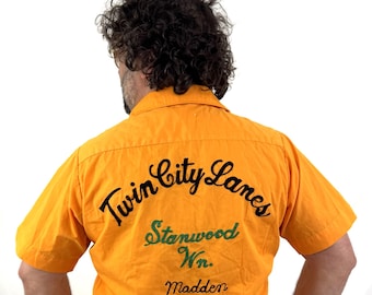 Vintage 70s Orange Chainstitch Bowling Shirt With Embroidered Name