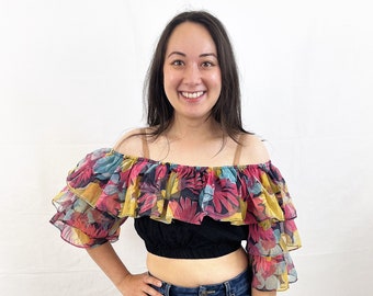 Best Vintage 1980s 80s Floral Ruffled Off Shoulder Summer Crop Top - H.L Spencer LTD Saved by the Bell Jesse Spano