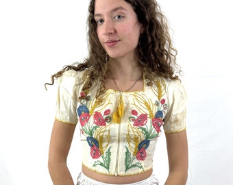 Blusa vintage de rayón bordada de los años 40: parte superior con cremallera metálica