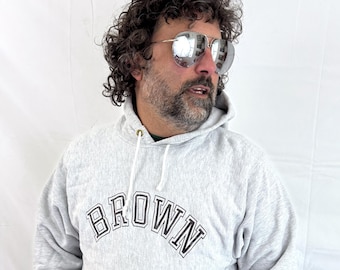 Vintage 1980s 90s Gray Brown University Sweatshirt - Champion Reverse Weave Hoodie Crewneck