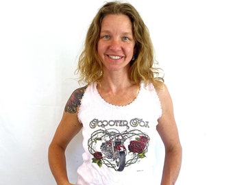 Vintage Scooter Fox Motorcycle Lace Rose Tank Distressed Top Shirt