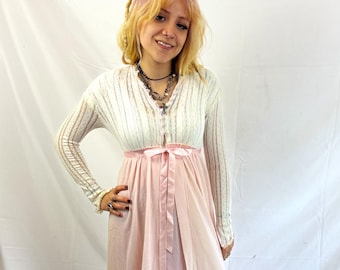 Vintage 1970s 70s Pink Lace Maxi Lingerie Nightgown Nightie Peignoir Robe Dress Set - Vassarette