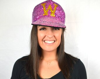 Vintage 80s 90s University of Washington Purple Gold Sequin UW Husky Dog Hat