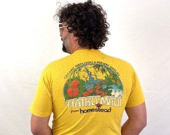 Vintage 1970s 70s RARE Distressed Maui Hawaiian Hawaii Tshirt Tee Shirt - Haiku Maui - Organic Homestead Fertilizers