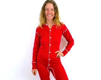 Vintage Red Duofold Jammies Long Johns PJs Onesie Medium Thermal Layer Winter Pajamas Union Suit with Butt Flap Trap Door - Healthknit