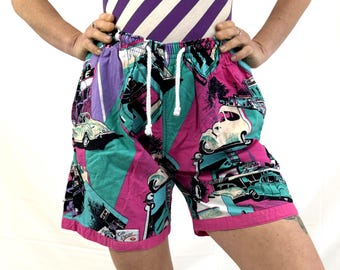 Pantalones cortos VW Beetle surferos vintage de los años 80 - Costa Azul - Fabricados en Francia