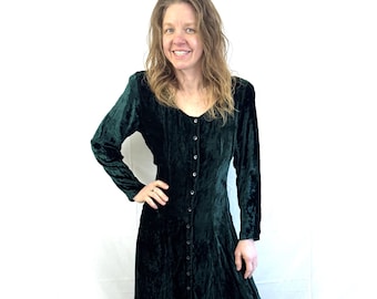 Vintage 90s 1990s Green Velvet Maxi Dress - Nostalgia