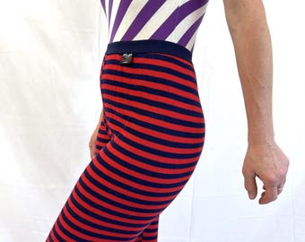 Vintage 80s 1980s Red Blue Striped Leggings Pants Tights - Patima Thermals