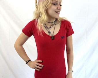 Vintage 90s 1990s RARE Body Con Spandex Fitted DKNY Jeans New York Red Maxi Striped Dress