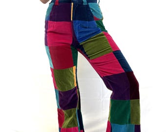 Pantalones acampanados de terciopelo con patchwork de los años 70