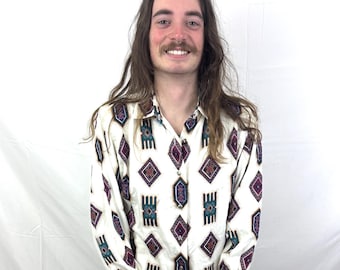 Vintage Wrangler 1990s 90s Geometric Southwest Western Button Up Shirt