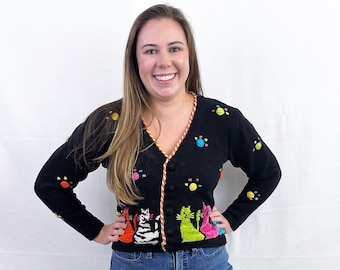 Vintage 1990s 90s Y2K Rainbow Cat Cute Cardigan Sweater - Jack B. Quick