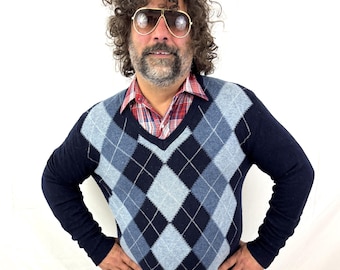 Vintage Blue Argyle Lambswool Wool Pullover V-neck Sweater
