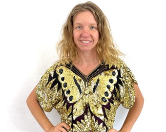 Awesome Vintage 1980s 90s Sequined Gold Sequin Butterfly Disco Top Blouse - India Touch
