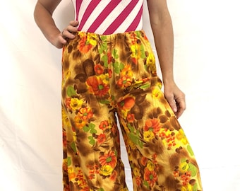 Pantalones acampanados de pierna ancha, estilo hawaiano tropical, hechos a mano, vintage de los años 70, de tela de corteza.