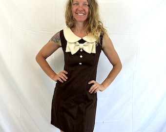 Vintage 1960s 60s Brown Linen Peter Pan Collar Bow Go-Go Mini Mod Shift Dress - Bogart of Texas