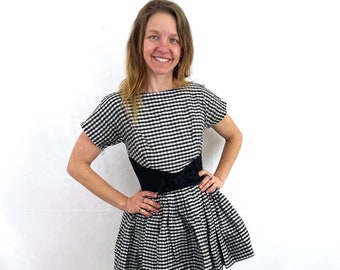 RARE 1950s 50s Black White Cotton Peplum Dress