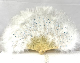 Vintage White Feather Blue Sequins Costume Fun Party Fan
