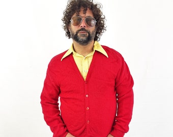 Vintage Arnold Palmer Red 1980s 80s Boyfriend Grandpa Knit 100% Virgin Wool Cardigan Sweater