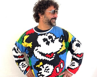 Vintage 1980s 80s Reversible Puffy Pixel Mickey Mouse Walt Disney Sweatshirt - J.G. Hook Mickey & Co.