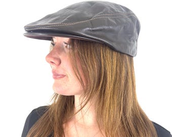 Vintage Leather 1990s 90s Brown Newsboy Hippie Cabbie Cap Hat
