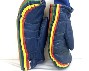 Vintage 1970s 70s Blue Rainbow Striped Leather Gloves  Mittens - Aris